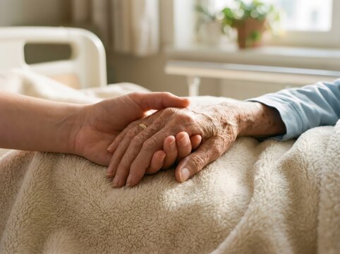 Young woman holding hand of elderly person in hospital bed. Compassionate support and care for senior patient. Medical healthcare, empathy, kindness and family comfort concept.