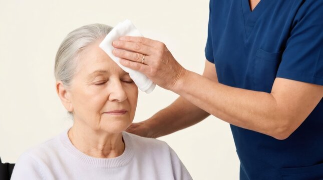 Nurse wiping forehead of senior woman with cloth. Caregiver providing medical assistance and care to elderly patient. Healthcare support, geriatric service and home health concept.