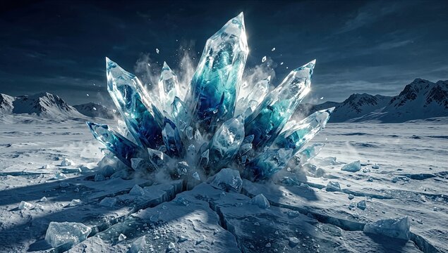 Huge sharp crystal formations exploding from frozen icy ground against vast arctic mountain range.