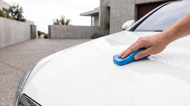 Man hand using clay bar on white car hood. Vehicle detailing and paint decontamination process. Professional exterior auto cleaning service at home for shiny finish and maintenance.
