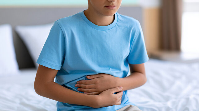 Anonymous child holding stomach in pain on hotel bed, summer vacation illness concept