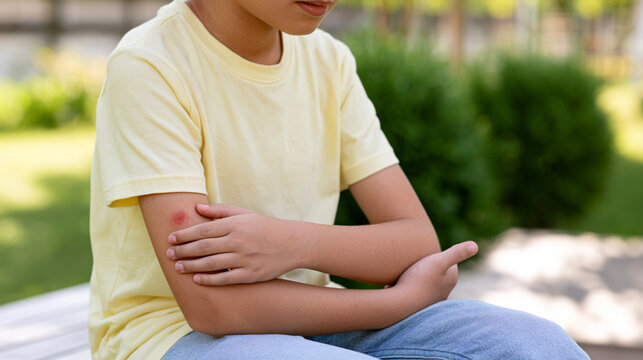 Close-up of an anonymous child scratching a red, swollen mosquito bite on the arm in a sunny backyard