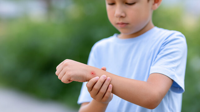Curious child examining a red itchy insect bite bump on wrist in a summer park