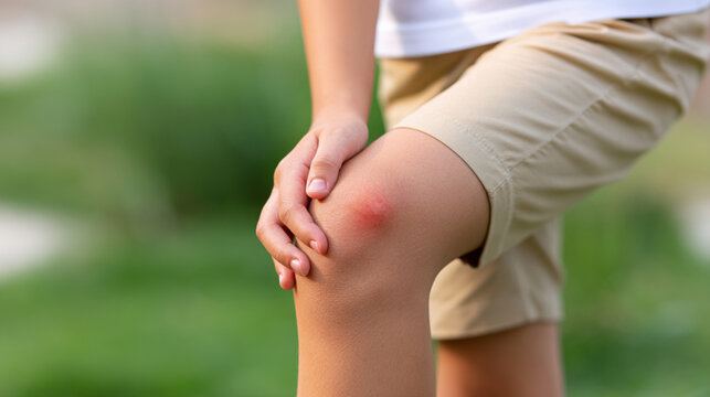 Child Scratching Swollen Mosquito Bite on Leg in Summer
