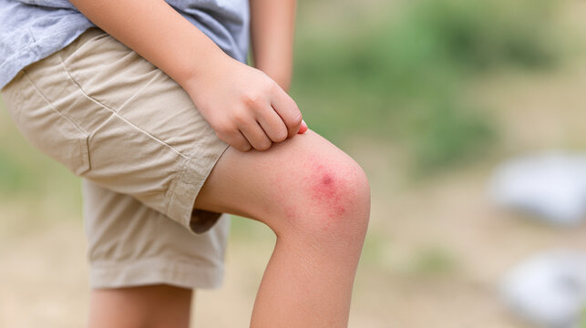 Child Scratching Swollen Mosquito Bite Above the Knee