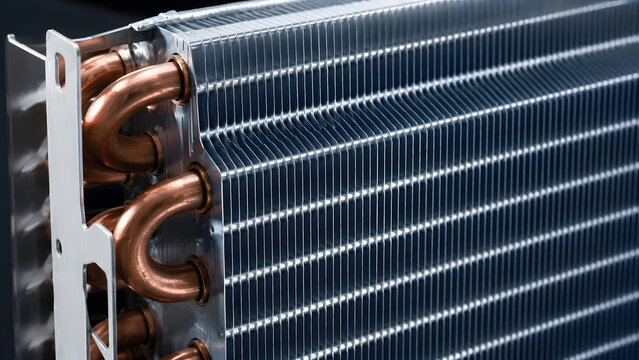 Close-up macro shot of a heat exchanger's cooling fins and copper tubing, highlighting its intricate industrial design and metallic texture, suggesting efficiency and engineering.