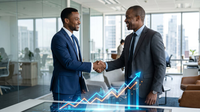 Corporate handshake between two black African-American males in Office. A moment of agreement and success is captured in an office environment. The holograph of a digital business graph showing upward