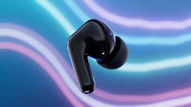 Black wireless earbud with a sleek, glossy finish slowly rotating against a dynamic, colorful background, showcasing modern audio technology and innovative design
