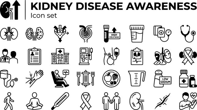 Kidney Disease Awareness Icon Set Dialysis Kidney Function Fluid Intake Renal Diet Transplant Creatinine Nephrologist Patient Self Care Vector Illustration