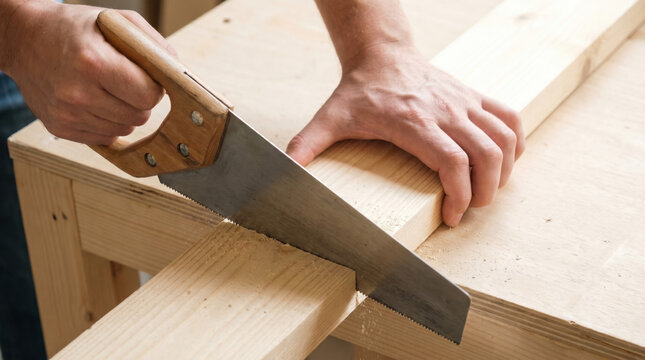 Craftsperson using hand saw to cut wooden plank on workbench  