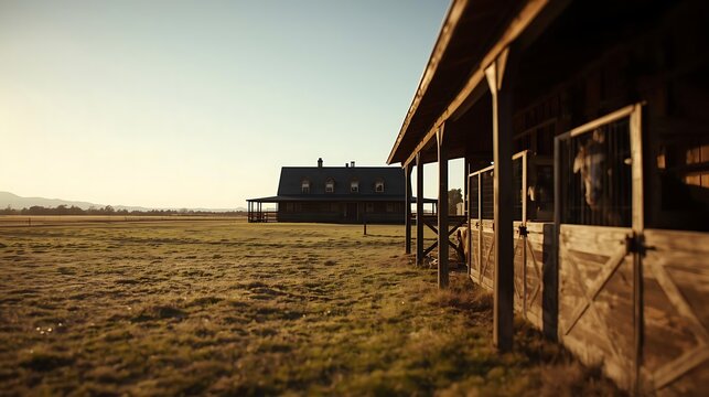 Abandoned wooden stable at golden hour in rural desert landscape with dramatic lighting