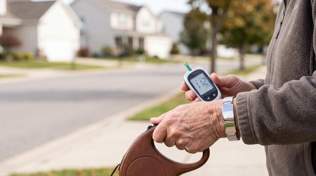 Senior woman checking blood glucose level with portable glucometer while walking with dog. Diabetic monitor reading on display. Health management and disease control for elderly patient.