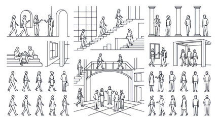 Obraz premium Architectural Line Drawings: People in Various Urban Settings and Indoor Spaces