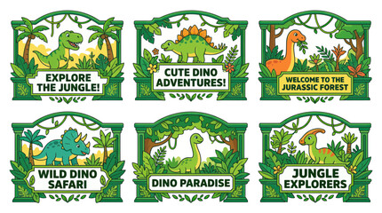Cute Dinosaur Jungle Adventure Labels, Cartoon Dino Illustrations with Tropical Plants © Varel
