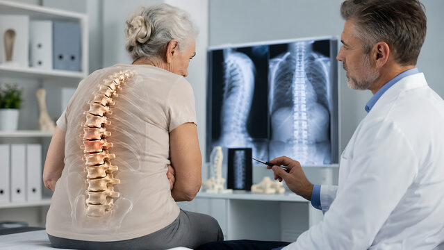 Thoracic Spine Kyphosis Procedure Concept, Osteoporotic Compression Fracture Medical Illustration for Patient Education
