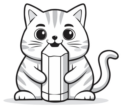 Adorable striped cartoon cat happily holds a large pencil ready for drawing and creative school activities