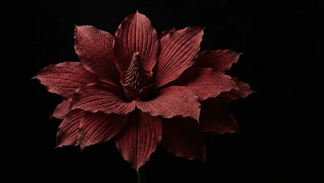 Large deep red lotus flower opens its many layered petals showcasing intricate textured details against black background.