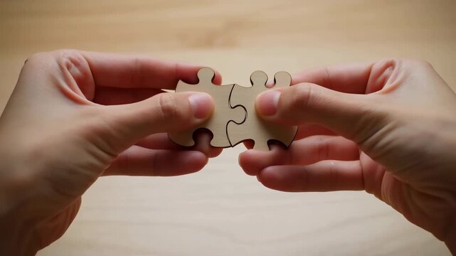 Hands Holding Separate Puzzle Pieces Above Wooden Surface