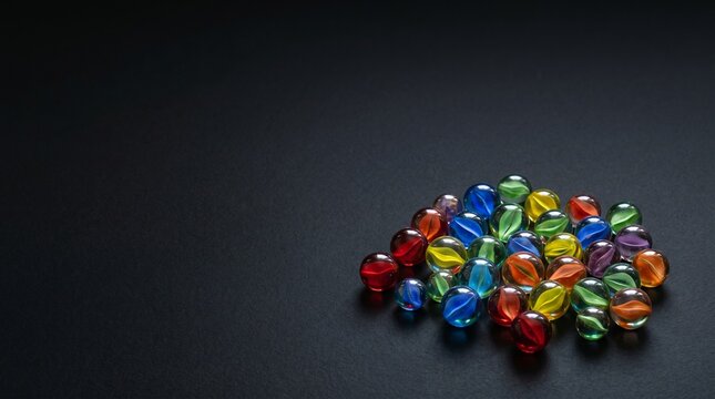 Colorful glass marbles scattered on a dark black background with copy space