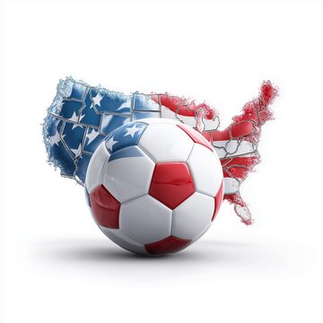 United States soccer concept with American flag themed football and US map in red white and blue color representation