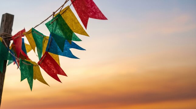 Colorful festa junina flags strung on a rope against a sunset sky