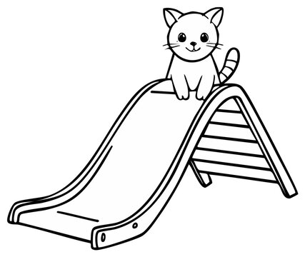 Adorable Kitten on a Slide Line Art Black and White Child's Play