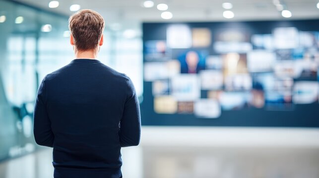 Male chief marketing officer observing a creative campaign wall in a modern office environment.