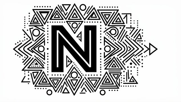Intricate letter n monogram surrounded by tribal ethnic patterns and geometric shapes black white.