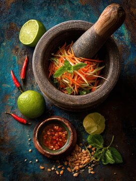 Overhead view of vibrant Thai papaya salad with mortar, pestle, lime, and fish sauce ingredients.