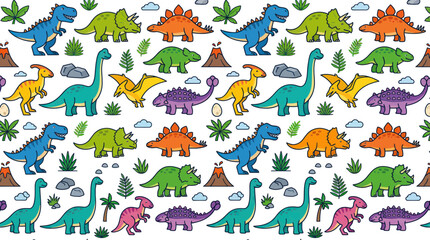 Cute Dinosaur Pattern - Cartoon Dino Seamless Background for Kids © Varel