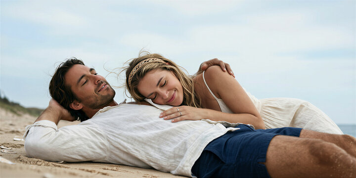Man in white shirt lying on beach with blonde woman embracing him, wearing white dress, with blue sky and clouds in background, on sandy shore.