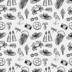 Seamless pattern with summer vacation symbols and animals. Jellyfish, crab, flamingo, hat, sunglasses, and swimming ring. Hand drawn vector sketch illustration in vintage doodle crayon charcoal style © Nataliya Pokrovska