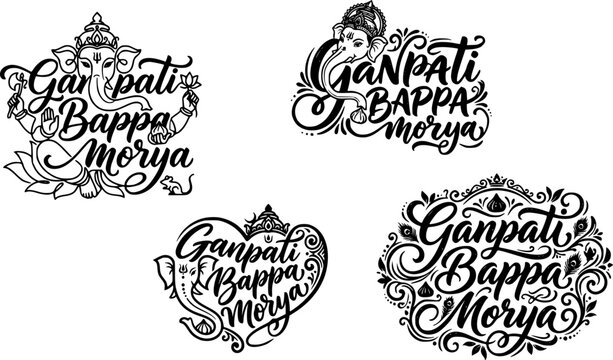 Ganpati Bappa Morya hand lettering typography bundle with four black and white badge designs featuring Lord Ganesha, floral swirls, and decorative elements for Ganesh Chaturthi celebrations.