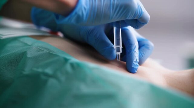 Gloved hands performing a medical injection beside a green surgical drape