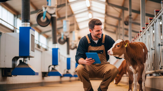 Farmer with tablet checks on a young calf in a modern barn with automated equipment