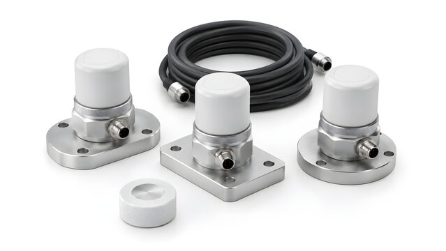 Three industrial sensors, possibly accelerometers or pressure sensors, with white protective caps, metal bases, and a coiled black cable, are presented on a plain background.