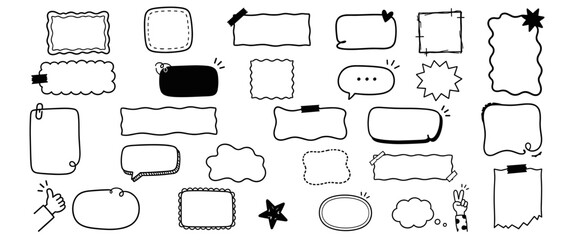 Obraz premium Wavy abstract rectangle text box frame set with organic quote borders, rough labels, uneven speech bubbles and doodle callout vector illustration