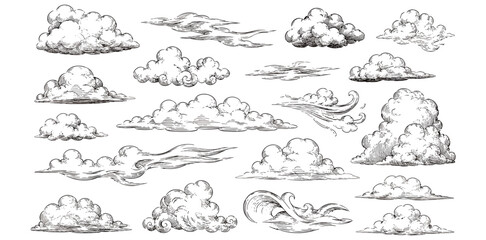 Vintage pen cloud sketch set with hand drawn sky doodles, retro hatching cloudscape, windy weather line art elements for nature design vector illustration © aura studio