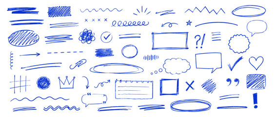 Obraz premium Messy blue pen doodle set with hand drawn school scribbles, highlight marks, circles, underlines, scrawl scratches and annotation vector elements