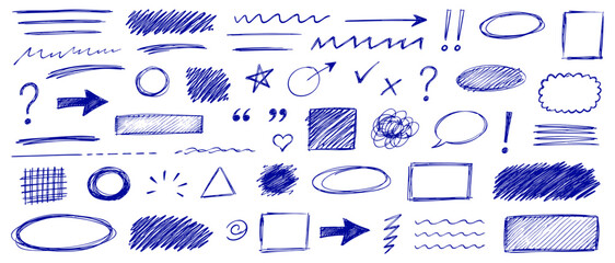 Hand drawn blue pen doodle scribbles with messy school annotation marks, underline strokes, highlight circles, naive scratches and pencil scrawl vector illustration © aura studio