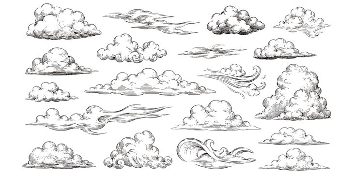 Vintage pen cloud sketch set with hand drawn sky doodles, retro hatching cloudscape, windy weather line art elements for nature design vector illustration
