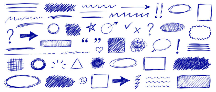 Hand drawn blue pen doodle scribbles with messy school annotation marks, underline strokes, highlight circles, naive scratches and pencil scrawl vector illustration