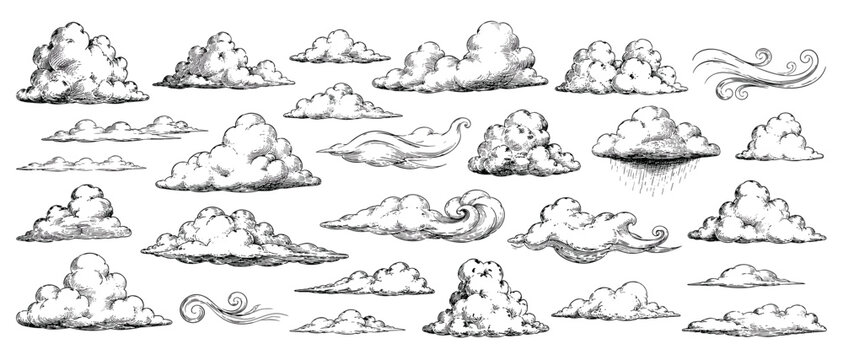 Retro hand drawn cloud doodles with pen line hatching, windy sky elements, vintage weather sketches and fluffy nature cloudscape vector illustration