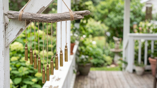 Wind chime made from gold bullet casings hanging on a porch. Decorative memorial art piece created from spent ammunition. Concept of post war peace, transformation and memory.