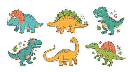Cute Cartoon Dinosaurs Set: Triceratops, Stegosaurus, T-Rex, Brontosaurus, Spinosaurus © Varel