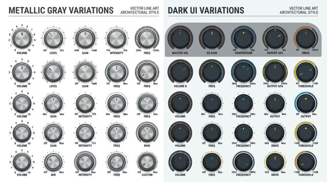 Control Knobs: Metallic Gray and Dark UI Variations for Audio and Tech Interfaces