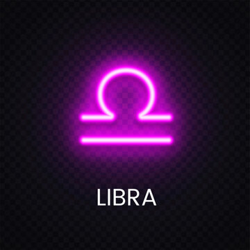 Pink Libra zodiac neon sign glowing on transparent background. Astrology symbol for horoscope design, cosmic branding and mystical decoration.