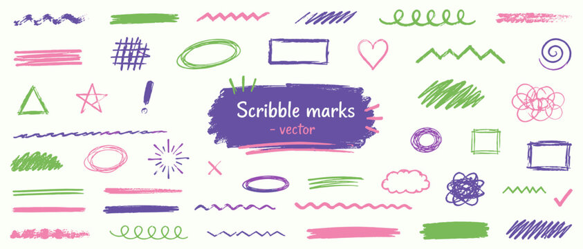 Colorful crayon scribble underline vector set, playful kid doodle marks, purple green pink pencil texture strokes and emphasis highlights
