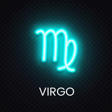 Blue Virgo zodiac neon sign isolated on transparent background. Bright astrology icon for horoscope concept, mystical banner and cosmic artwork.