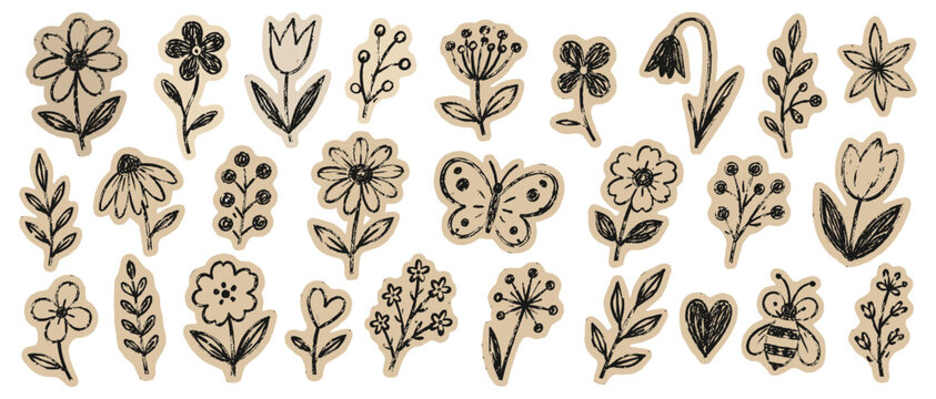 Scrapbook cutout paper flowers with charcoal scribble doodles, beige torn sticker shapes and retro crayon floral collage vector